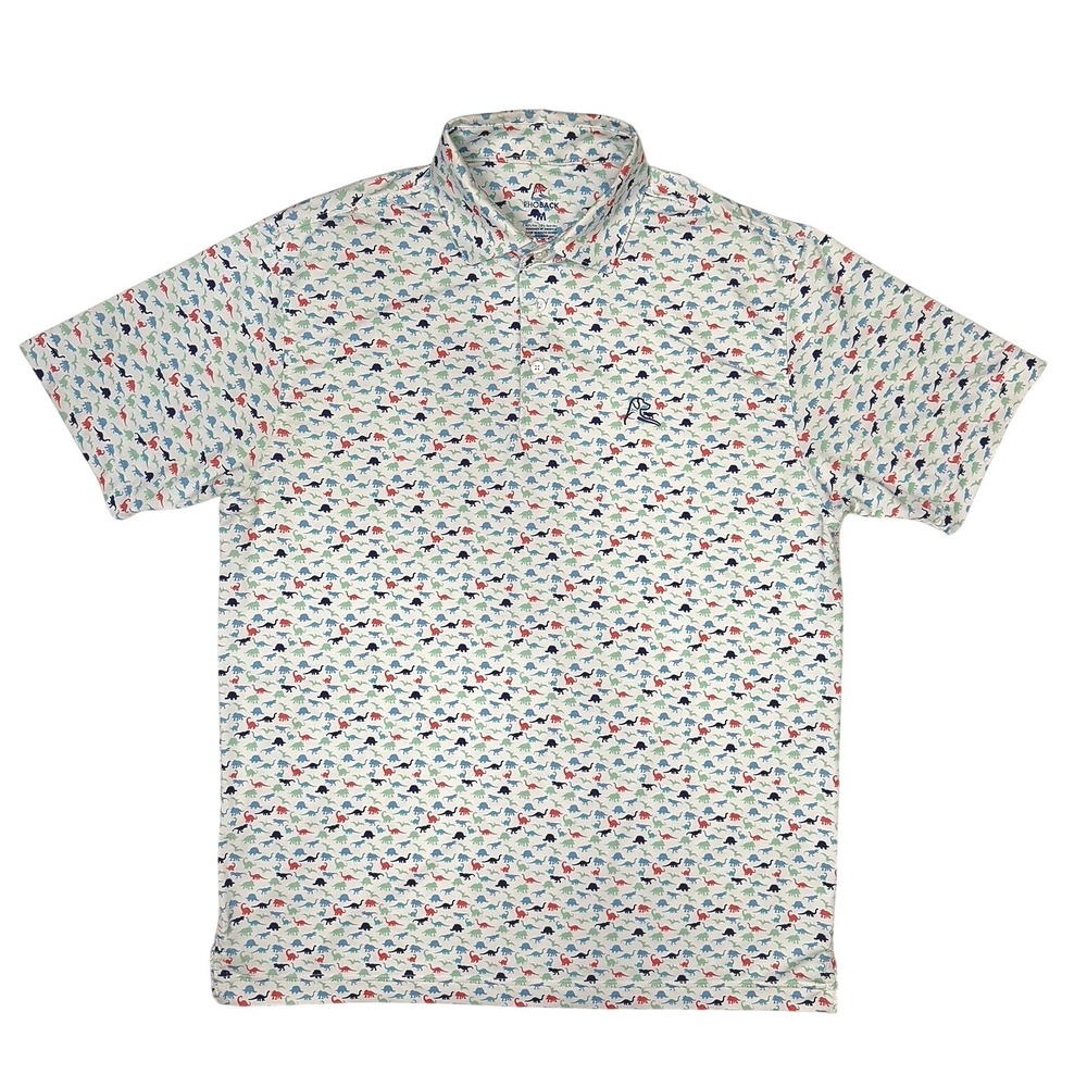 Rhoback Mens Dinosaur Print Performance Polo Shirt White Multicolored Size M